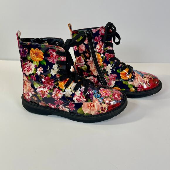 Thereabouts Girls Reese Floral Combat Boots Size 3 Side Zip Black - Picture 1 of 9